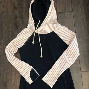 Navy/mauve striped double hooded sweatshirt
